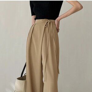 Commense Tie Waist Flowy Wide Leg Dress Pants, Khaki, Size Large, NWT